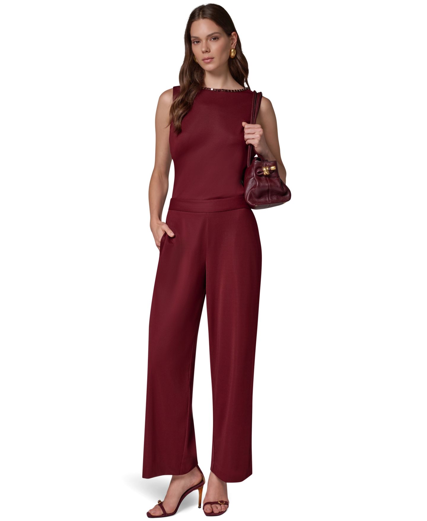Женские брюки Donna Karan New York Wide-Leg Pull-On Elastic-Waist Knit, цвет: Чёрный вишнёвый — фото 6