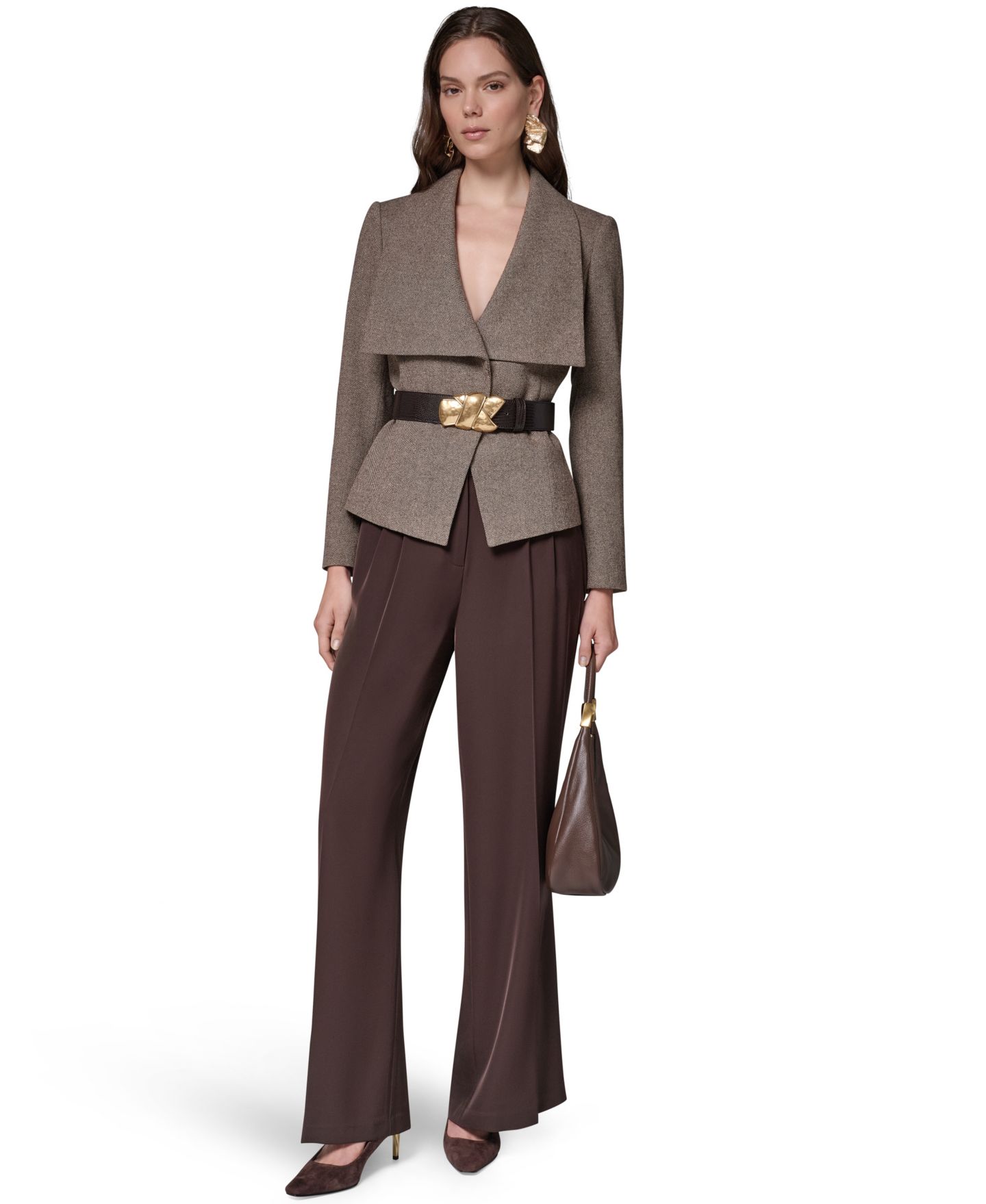 Женский пиджак Donna Karan New York Women Cropped Shoulder-Padded Belted Blazer, цвет: Тёмно-коричневый / Золотой — фото 10