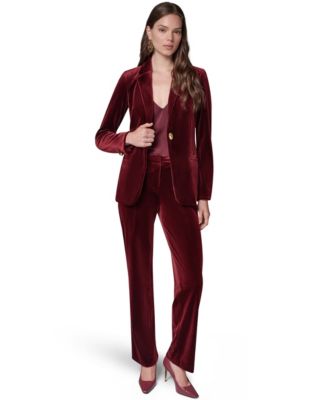 Women's Classic Velvet 1-Button Shoulder-Padded Blazer & Classic No Front Velvet Straight Mid-Rise Pants