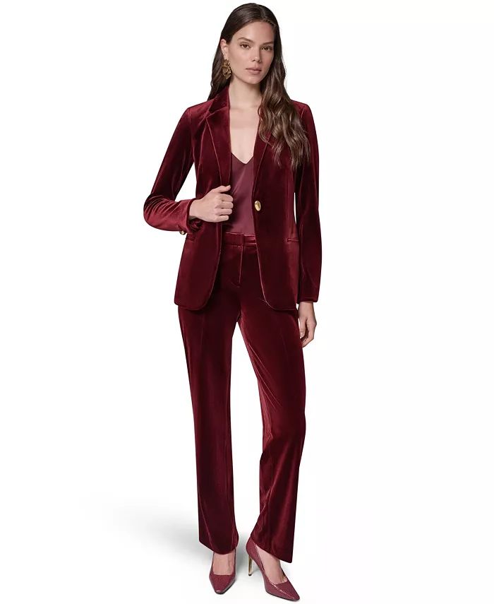 Women's Classic Velvet 1-Button Shoulder-Padded Blazer - thumbnail 2