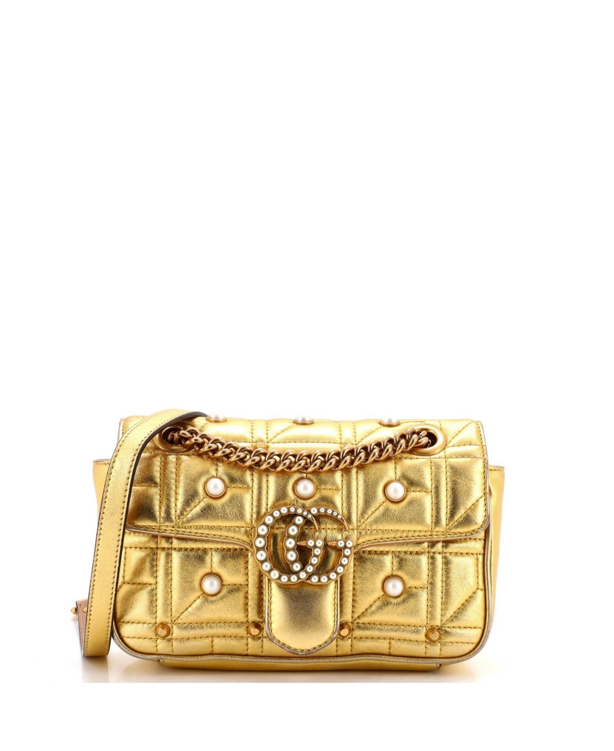 Pre-Owned Gucci Mini Pearly Gg Marmont Flap Bag Embellished Matelasse Leather - Gold