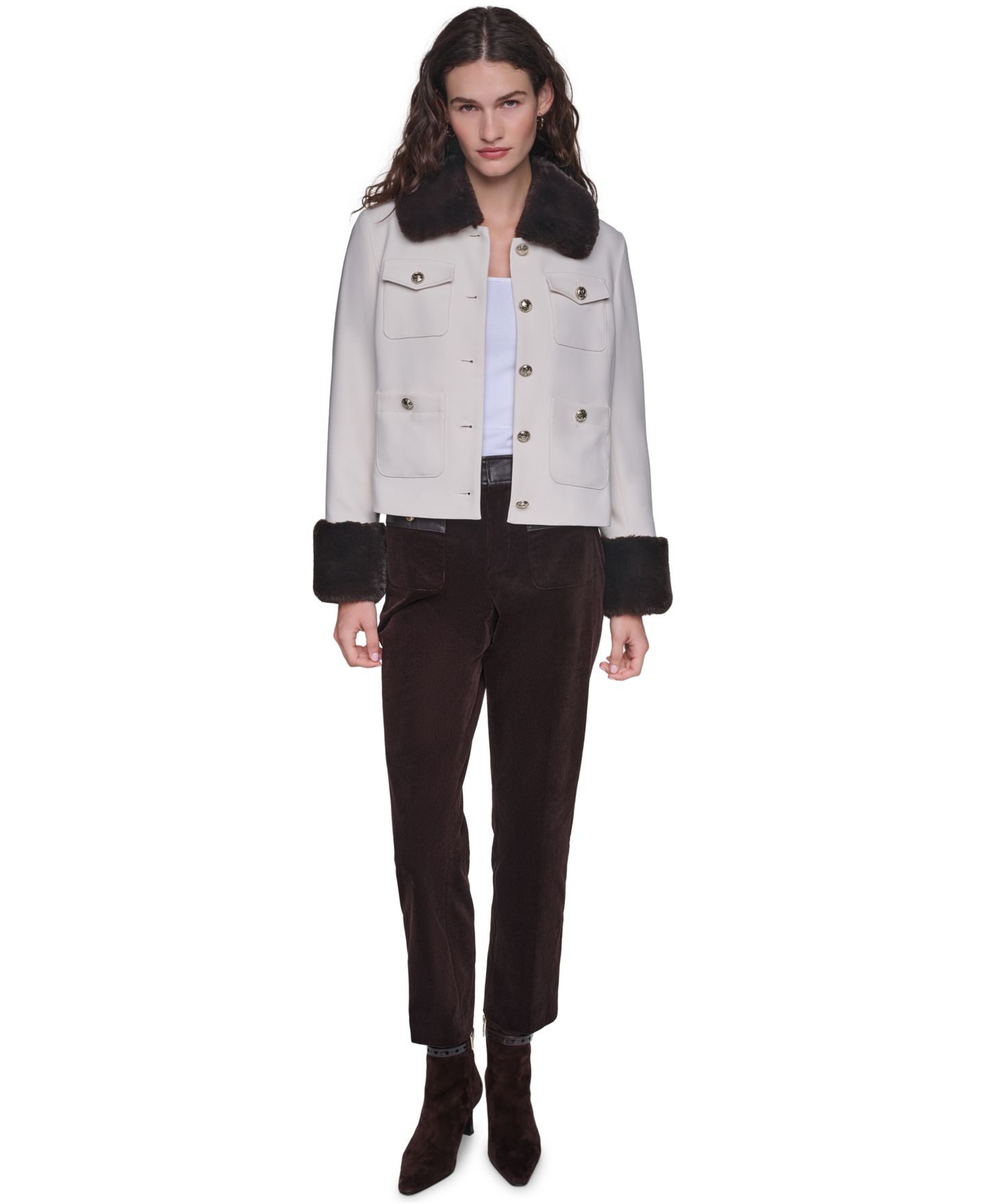 Женская куртка KARL LAGERFELD PARIS Faux-Fur Collar and Cuffs Short, цвет: Берёзовый / Шоколадный — фото 2