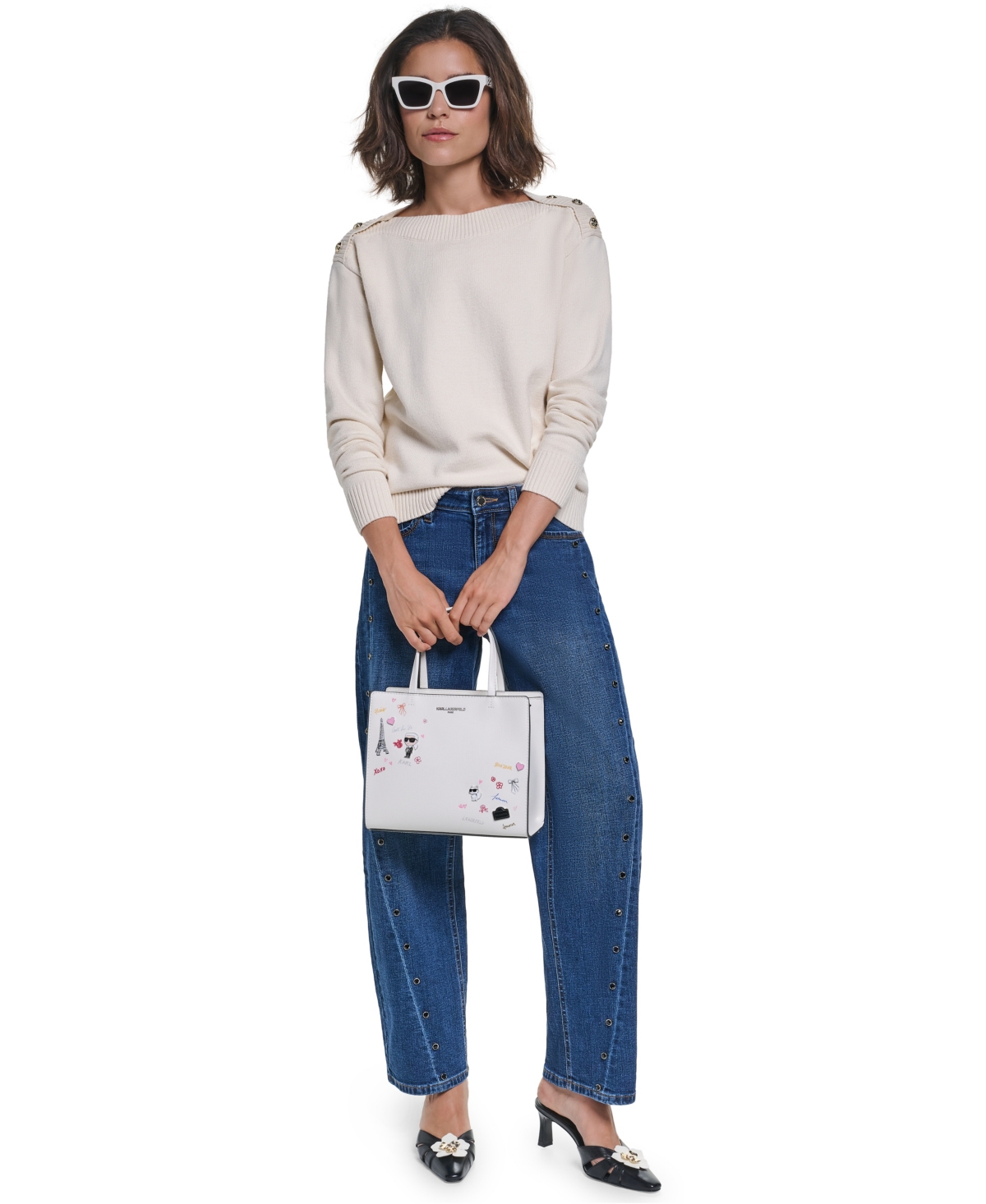 Karl Lagerfeld Paris Women's Button Shoulder Boat Neck Long-Sleeve Sweater