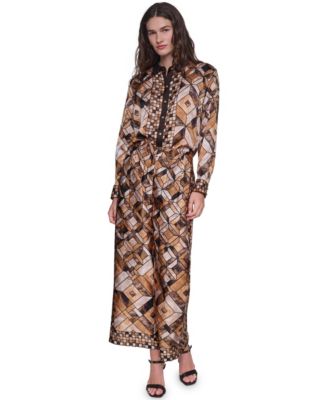 Women's Long-Sleeve Collared Geometric Blouse & Pleated Wide-Leg Pants