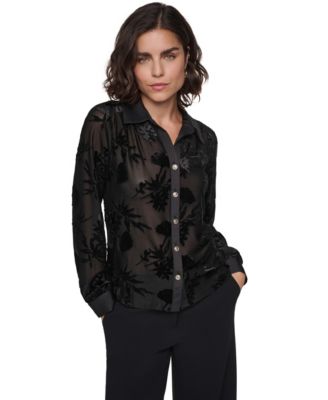 Women's Long-Sleeve Collared Burnout-Floral Blouse