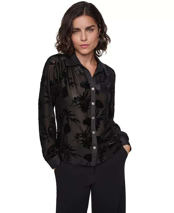 Women's Long-Sleeve Collared Burnout-Floral Blouse