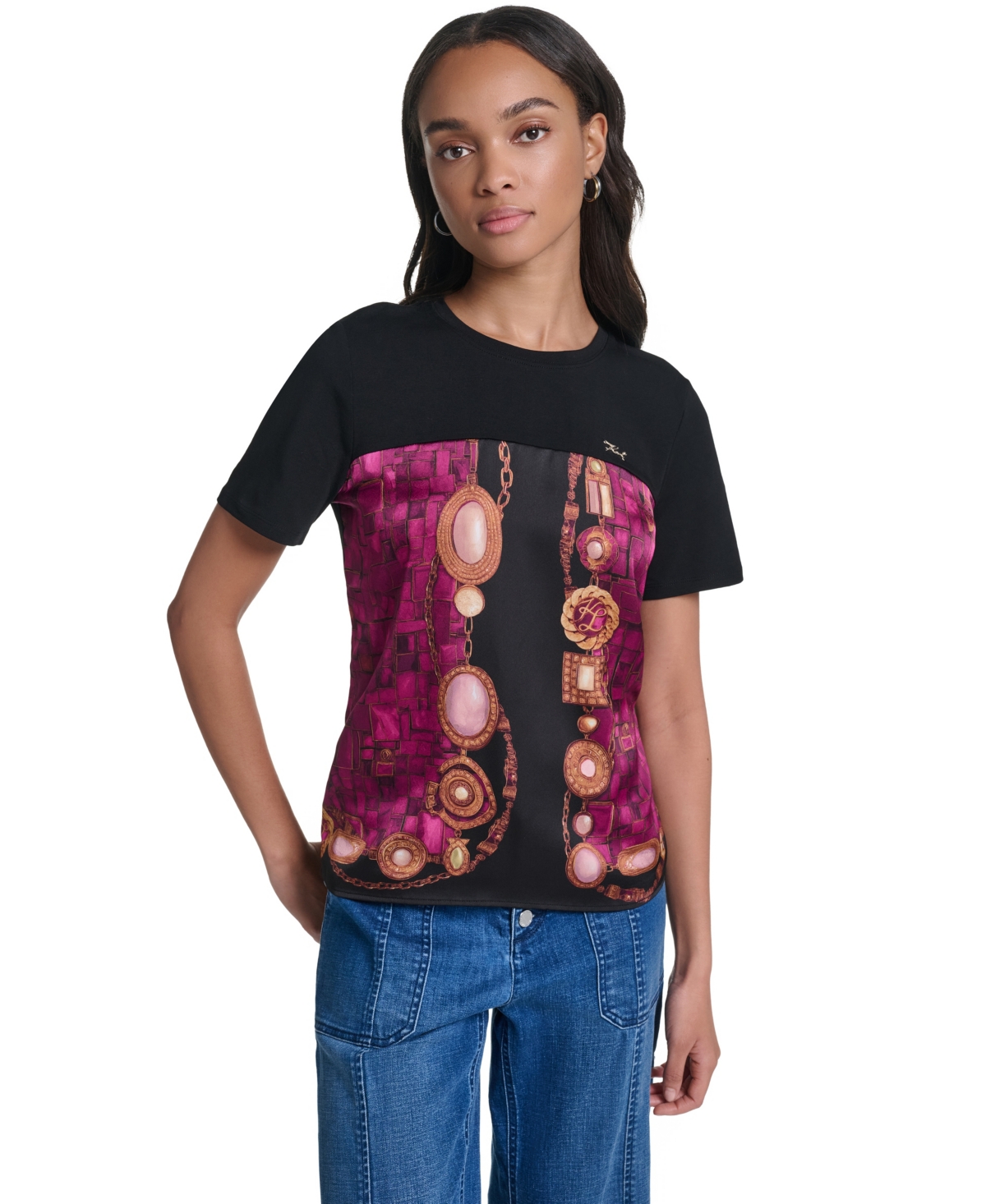 Karl Lagerfeld Paris Women's Jewel Print Crewneck T-Shirt - Cherry Lacquer Combo