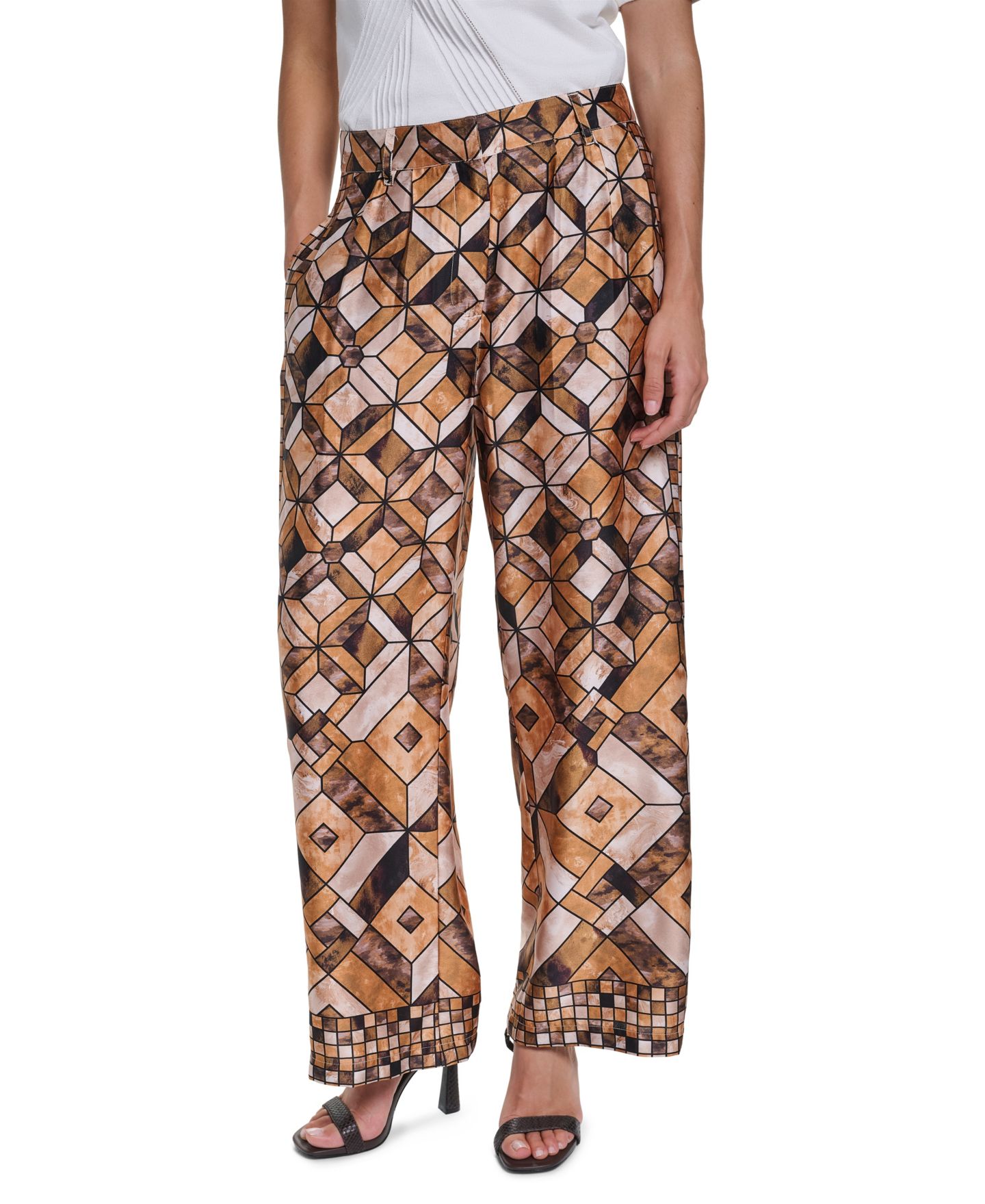 Женские брюки KARL LAGERFELD PARIS Geometric-Print Pleated Wide-Leg, цвет: Сепия комбинированный — фото 1