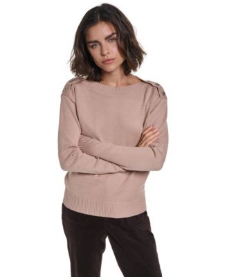 Women's Button Shoulder Boat Neck Long-Sleeve Sweater