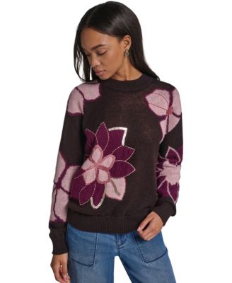 Women's Big Flowers Floral-Print Sequin Embellished Sweater