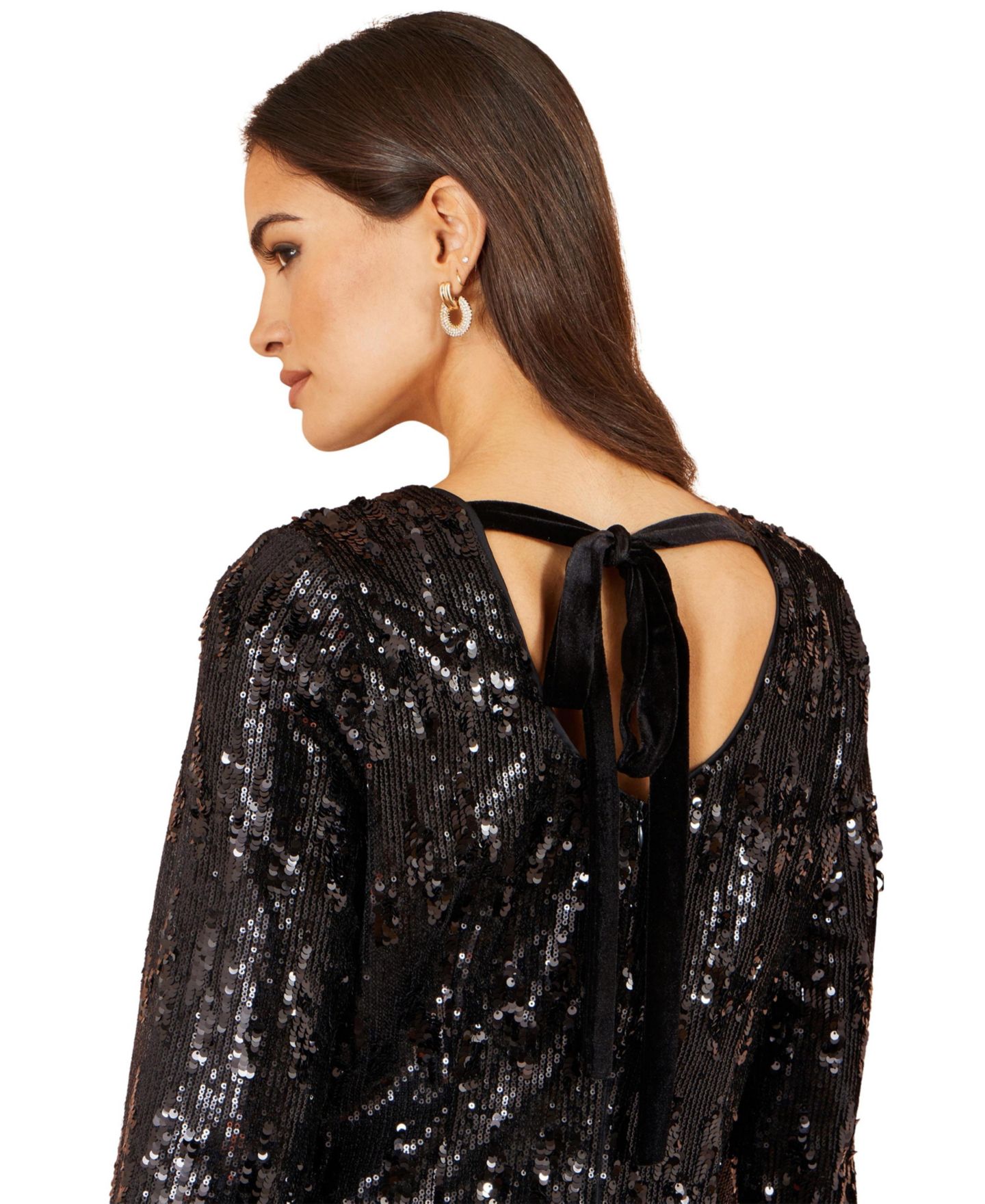 Женское платье Yumi Sequin Long-Sleeve Tie-Back Tunic, цвет: Чёрный — фото 5