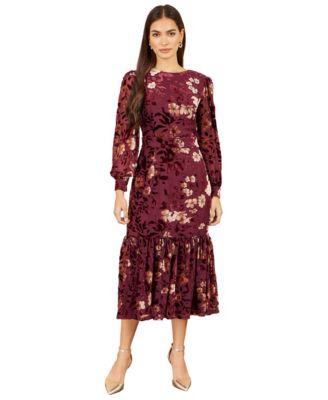 Women's Floral Long-Sleeve Velvet Midi Dress