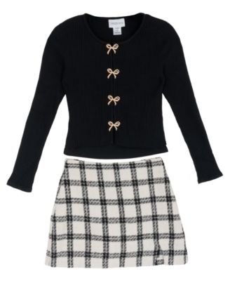 Girls' 7-12 Long-Sleeve Rib-Knit Center Bow Cardigan, Top and Skirt, 3-Piece Set