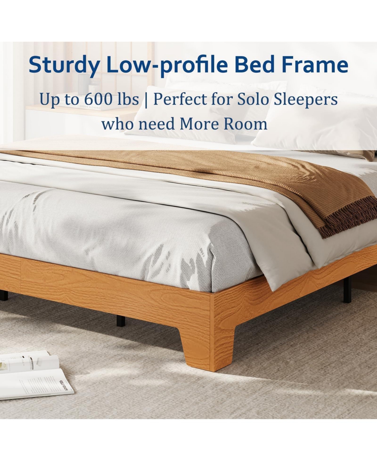 homfan Bed Frame with Wooden Slats, Wood Platform Frame, Low Profile Bed, No Box Spring Needed
