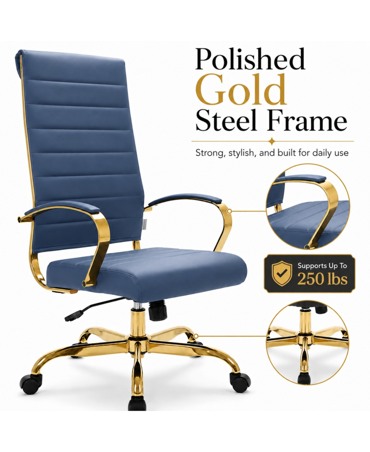 LeisureMod Benmar High-Back Leather Office Chair with Gold Accents, Adjustable Height, Swivel and Tilt Conference Desk Chair
