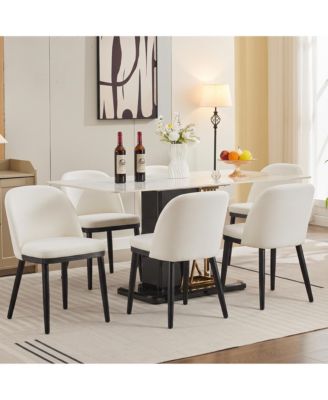 Wooden Dining Chairs Set of 6 Upholstered Dining Room Chair, Mid Century Linen Fabric Dinner Chair With Leveling Feet Curved Back for Kitchen