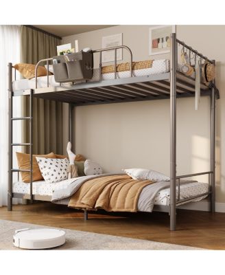 Metal Bunk Bed Twin Over Twin with Ladder, Guardrail, Storage Bag, 2-in-1 Convertible Frame with Steel Slats, Space-Saving Design, Bedroom