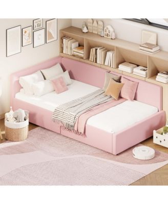 Twin Daybed with Headboard, Velvet Upholstered, Corner Bed Frame with Guardrail, for Living Room or Bedroom, Easy Assembly