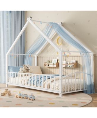 Montessori Metal House Floor Bed Frame with Rail, Low Floor Bed with Roof, Toddler Bed, Safety, No Box Spring Needed, Easy Assembly
