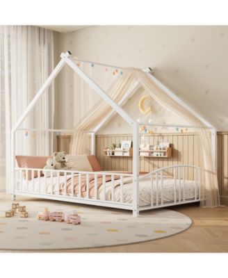 Montessori Metal House Floor Bed Frame with Rail, Low Floor Bed with Roof, Toddler Bed, Safety, No Box Spring Needed, Easy Assembly