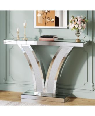 Mirrored Console Table, Modern Sliver Entryway Sofa Table with Crystal Inlay Frames for Living Room, Hallway, Foyer