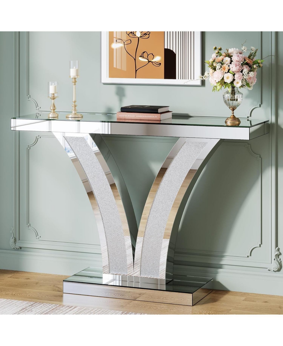 Tribesigns Mirrored Console Table, Modern Sliver Entryway Sofa Table with Crystal Inlay Frames for Living Room, Hallway, Foyer
