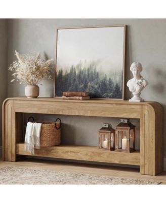 79" Farmhouse Console Table: Rustic entryway sofa table with curved edge and shelf.