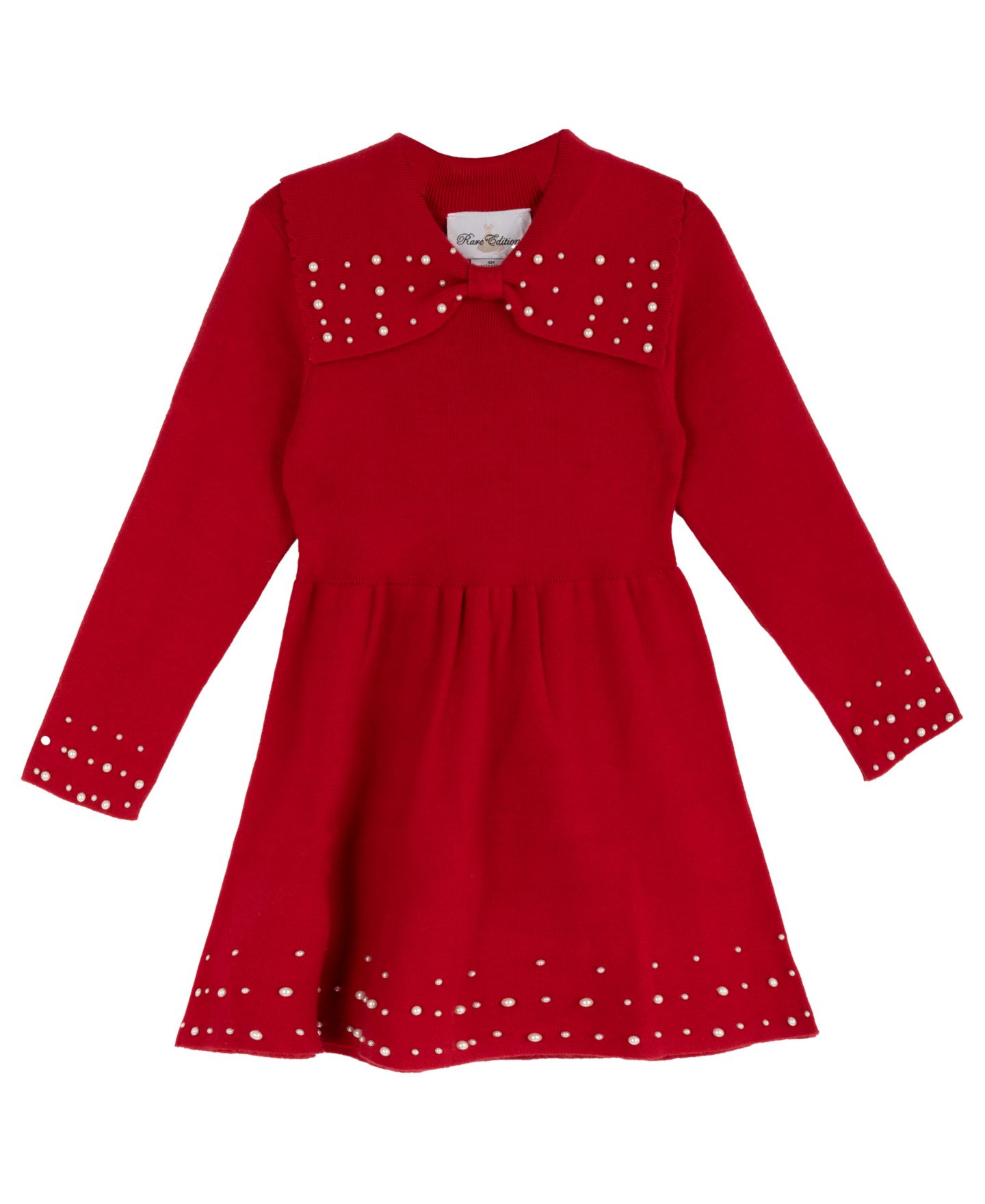 Платье Rare Editions Bow Collar with Embellishments Long-Sleeve Fit & Flare Dress для девочек, цвет: Красный — фото 4