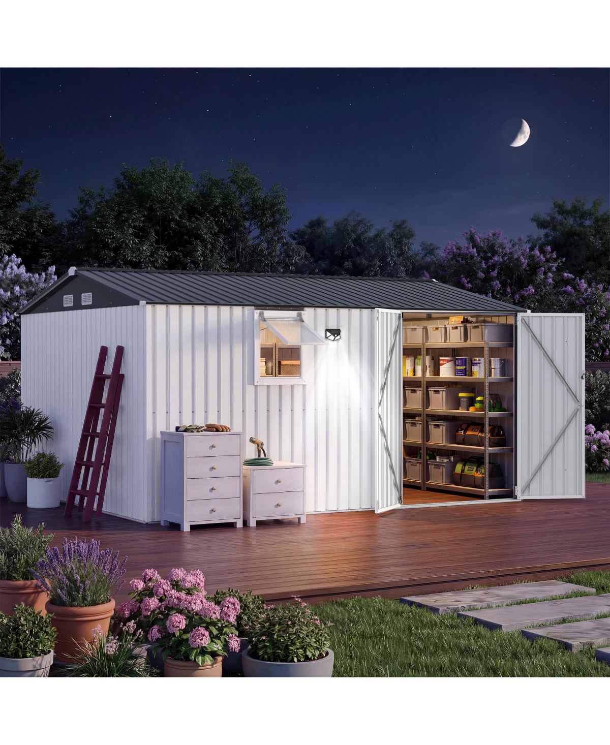 10 x 12 Ft Outdoor Storage Shed with Window, Pegboard and Solar Light, Metal Tool Shed for Garden, Backyard, Patio, White/Black - White