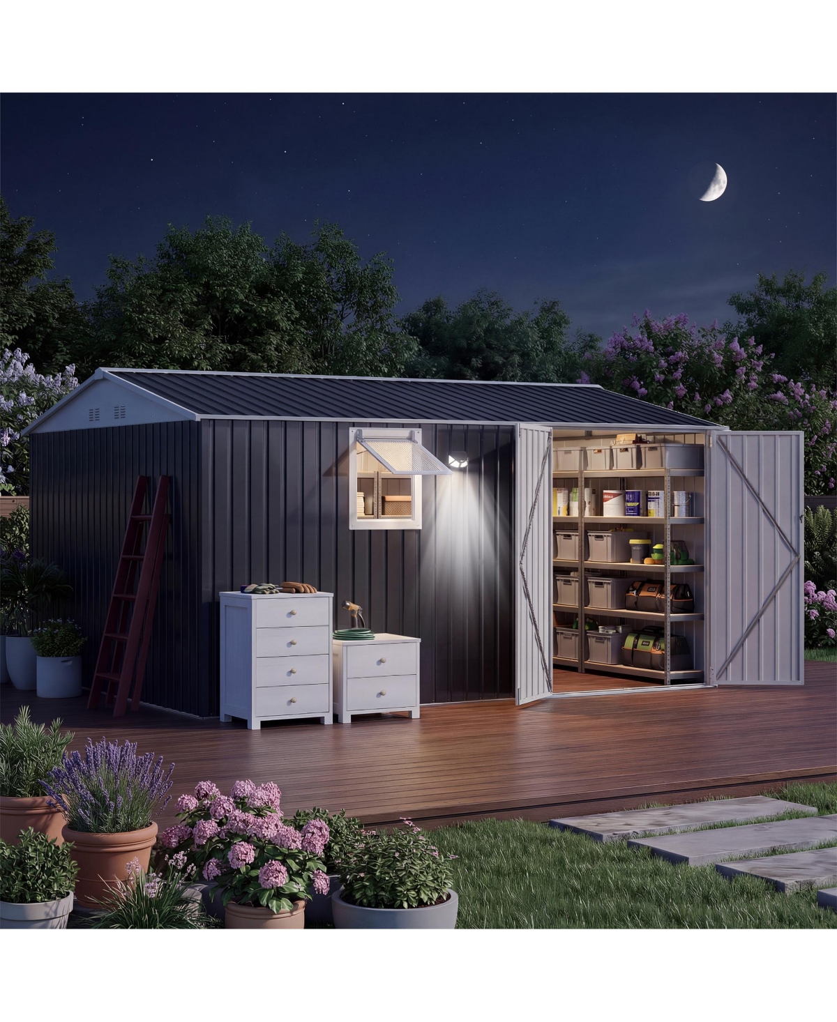 10 x 12 Ft Outdoor Storage Shed with Window, Pegboard and Solar Light, Metal Tool Shed for Garden, Backyard, Patio, White/Black - Black