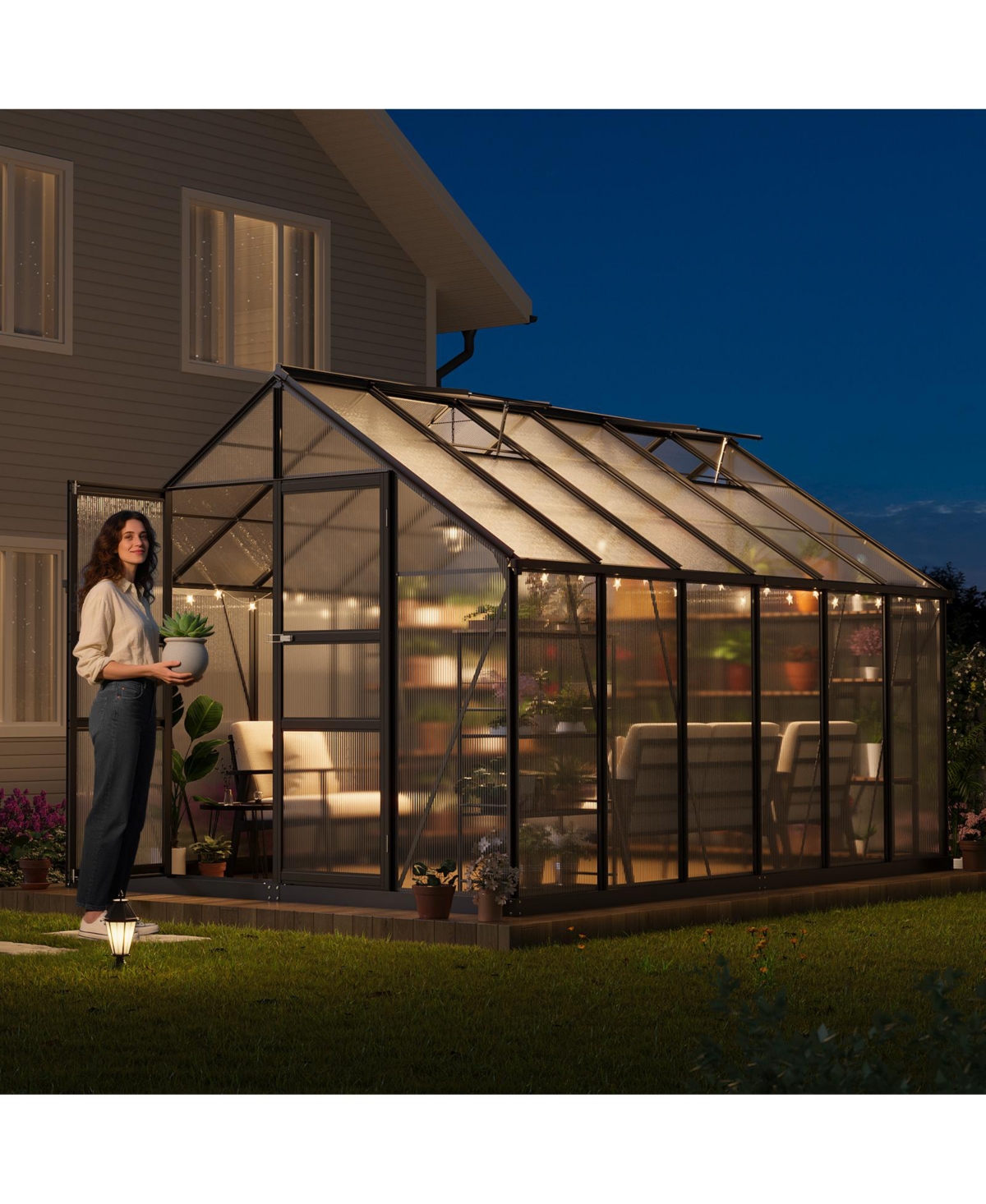 12 x 8 Ft Outdoor Greenhouse with Aluminum Frame and Polycarbonate Panels, Walk-in Plant Sun Room with Hinged Door and 2 Vent Windows, Silver