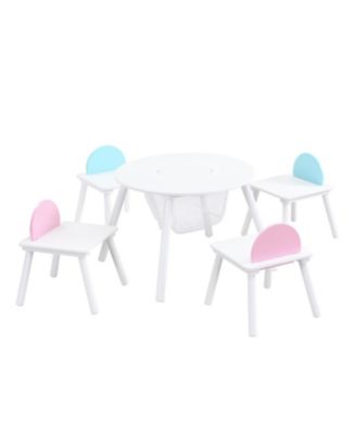 Kids Table and Chairs with 4 chairs, Wooden Round Table with Center Mesh Storage, for Art and Crafts, Drawing, Reading, Gift for Ages 3-6
