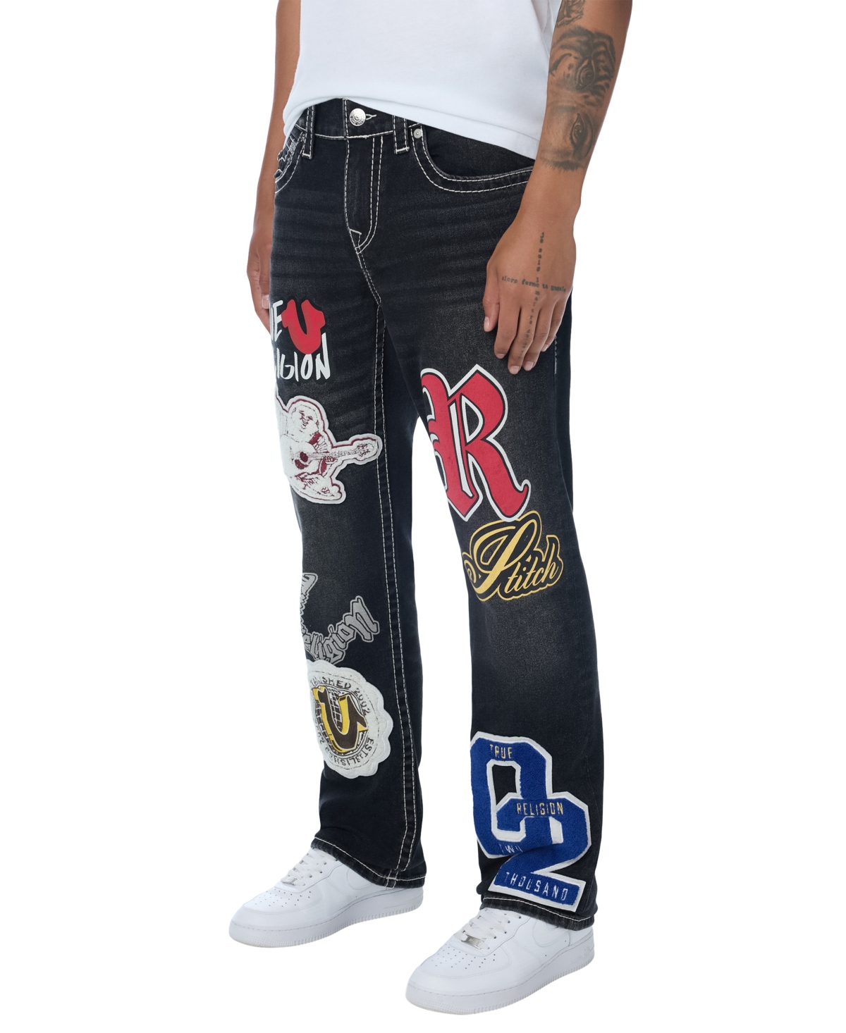 True Religion Men's Ricky Straight-Leg Graphic Patches Big T Stitching Jeans