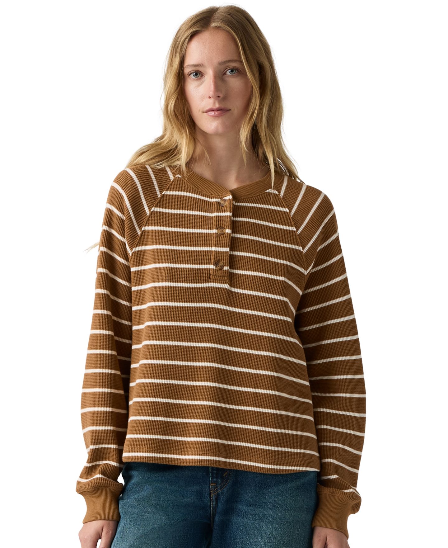 Женский топ Levi's Plus Size Lassen Waffle-Knit Button-Up Henley, цвет: Полосатый коричневый — фото 4