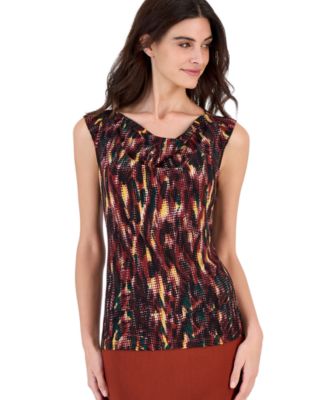Petite Shawl Collar C Abstract-Print Cowl Neck Cap-Sleeve Blouse