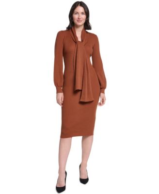 Women's Long-Sleeve Midi Attached Scarf Sweater Dress