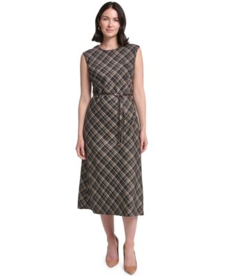 Women's Cap Sleeve Bias Plaid Midi Dress