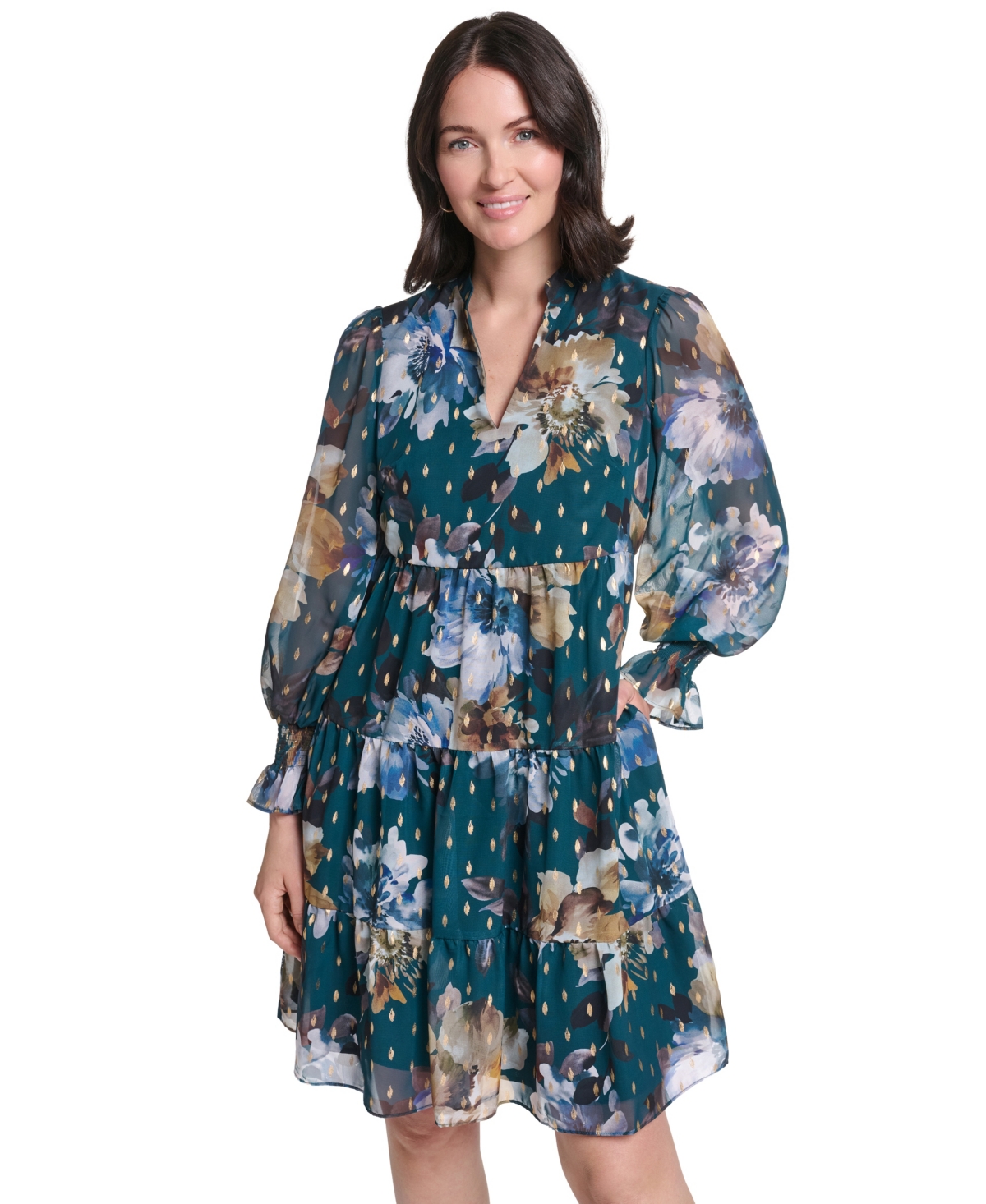 Jessica Howard Women's Long-Sleeve Puff-Sleeve Tiered Baby Doll Dress