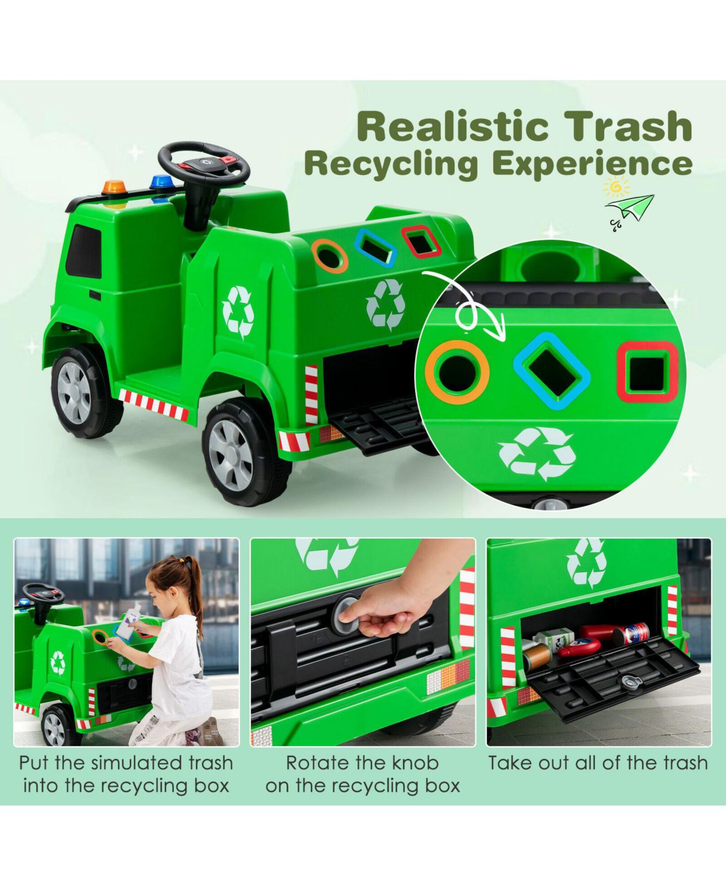 Детская игрушка Volenca 12V Garbage Truck Remote Control Ride-On with Warning Lights, Up to 77 lbs, Ages 3-8, цвет: Зелёный — фото 7