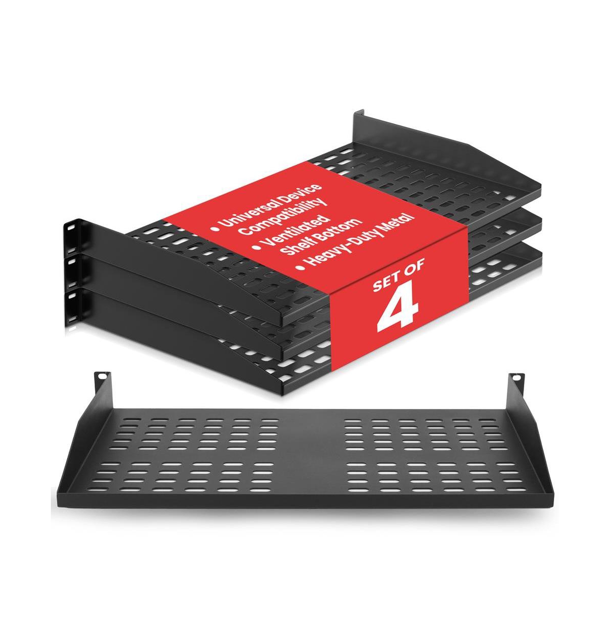 Pyle 1U Punch-Out Server Rack Shelf, 4-Pack, Compatible with Standard 19-Inch Server Racks - Black