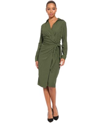 Women's Long-Sleeve Collared Striped Midi Dress