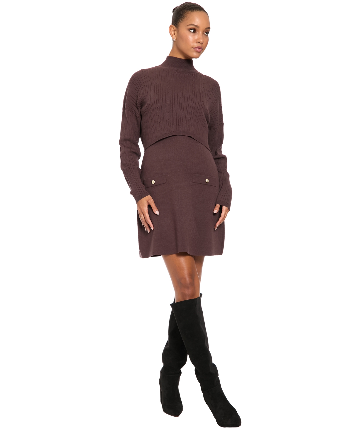 London Times Women's Mock Neck Long-Sleeve Two-Piece Sweater Dress