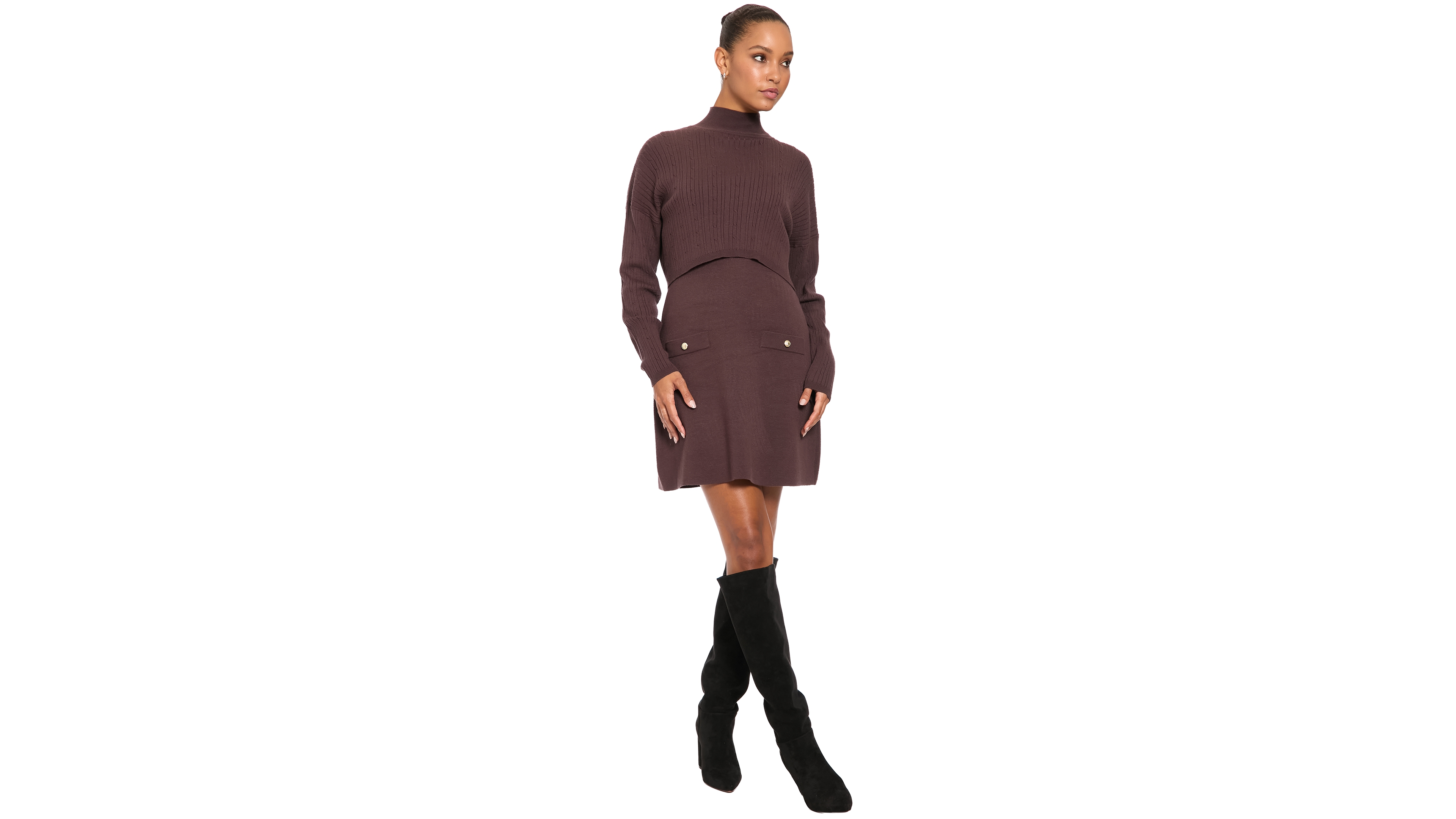 London Times Women's Mock Neck Long-Sleeve Two-Piece Sweater Dress