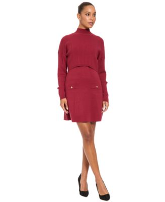 Women's Mock Neck Long-Sleeve Two-Piece Sweater Dress