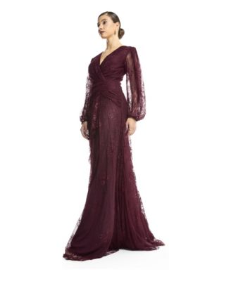 AMRI Women's Wrap Lace Gown with Sheer Sleeves - Tiered Ruffle Draped Evening Dress