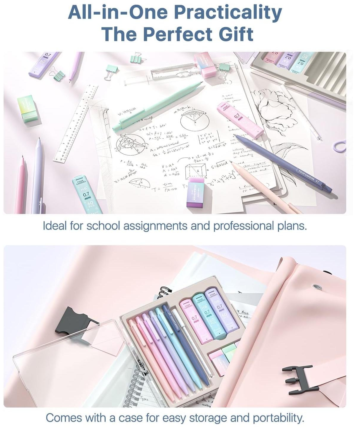 Four Candies Cute Mechanical Pencil Set 6 Pack 0.7mm, 360 Hb/2B Leads Erasers Storage Case, Triangular Grip