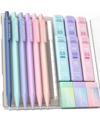 Cute Mechanical Pencil Set 6 Pack 0.5mm, 360 HB/2B Leads Erasers Storage Case, Triangular Grip