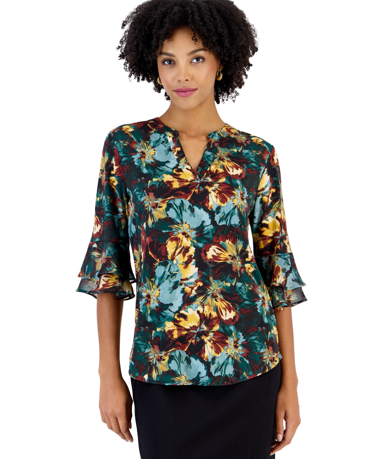 Kasper Petite Split Neck Floral-Print 3/4-Length Flutter-Sleeve Tunic