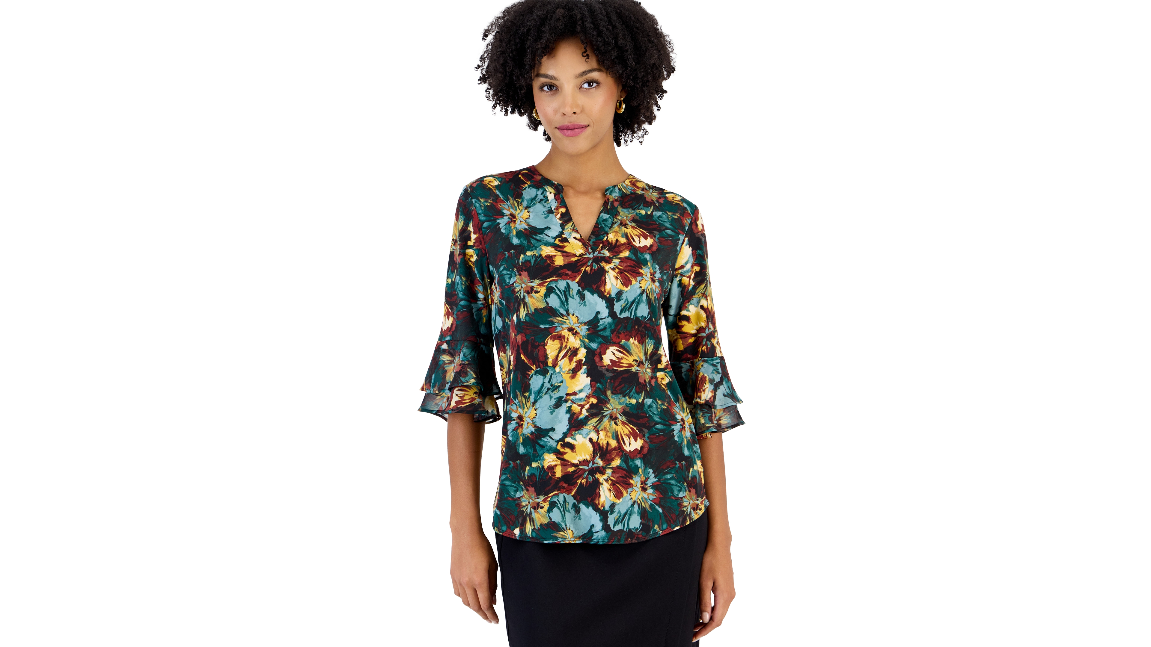 Kasper Petite Split Neck Floral-Print 3/4-Length Flutter-Sleeve Tunic
