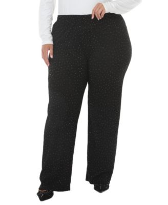 Plus Size Polka Dot High-Waisted Studded Rhinestones Straight-Leg Pants